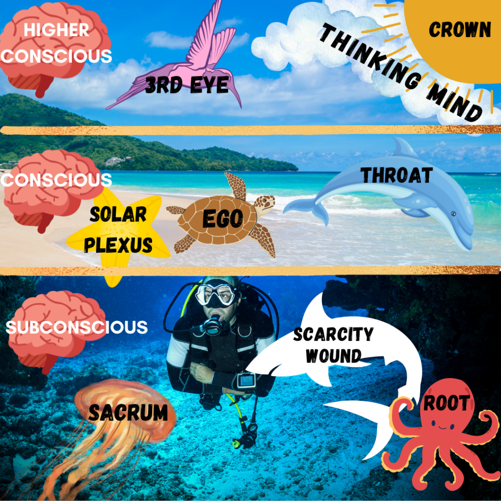 Our subconscious holds the root and sacrum chakras and the scarcity wound. The conscious psyche holds the solar plexus and throat chakras. The higher conscious contains our third eye and crown chakras.